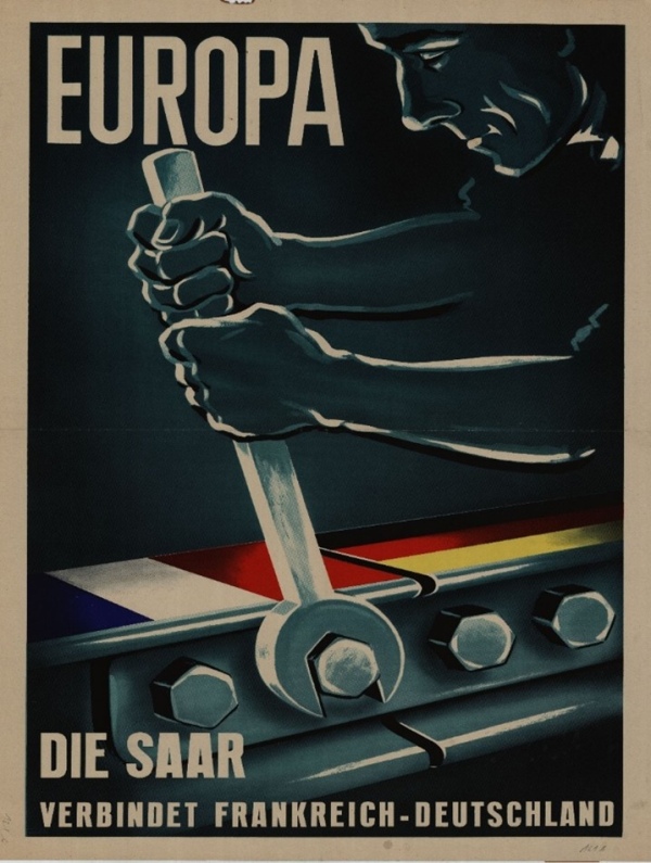 Ein Werbeplakat für: Die Saar verbindet Frankreich und Deutschland.